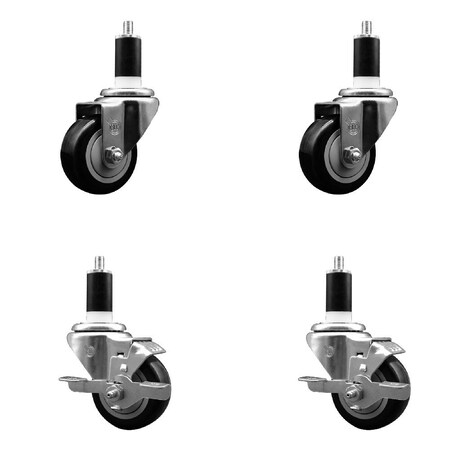 Service Caster 3'' Black Poly Wheel Swivel 1-3/8'' Expanding Stem Caster Set 2 Brakes, 4PK SCC-EX20S314-PPUB-BLK-2-TLB-2-138